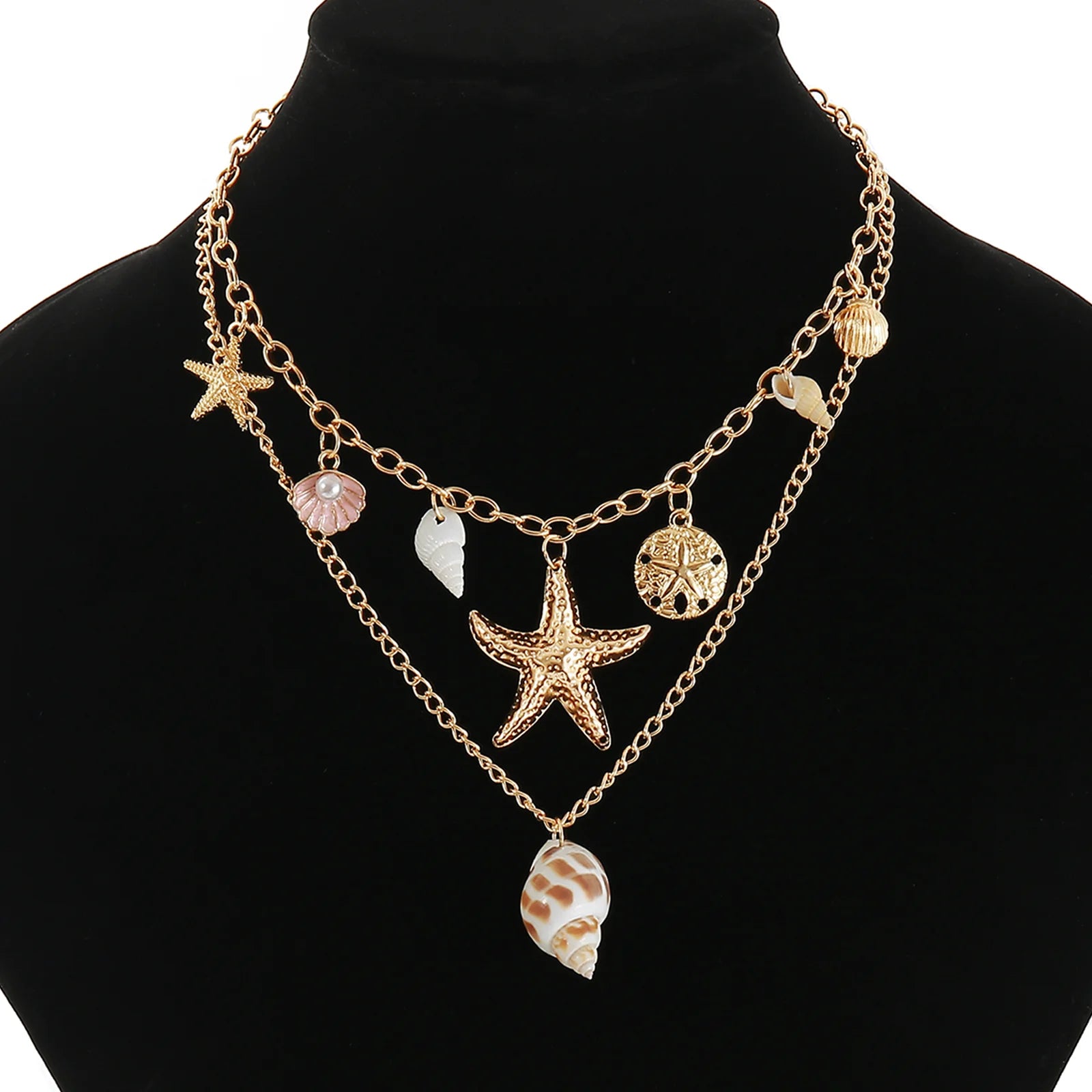 MHS.SUN Summer Shell Starfish Conch Pendant Necklace for Women Bohemian Metal Gold Color Chic Beach Jewelry Vacation Party Gift