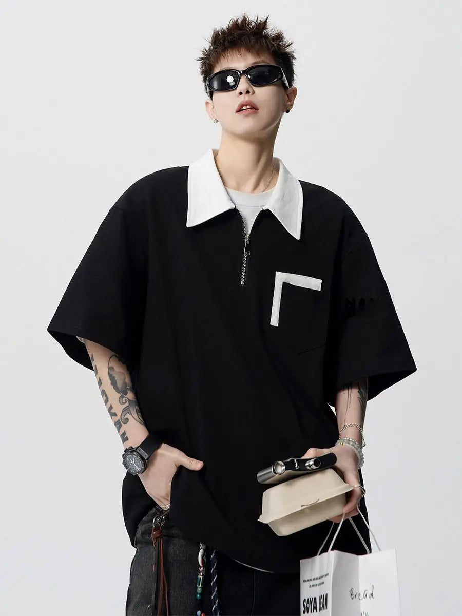 American retro men and women trendy personality polo shirt collar short sleeved summer high street breathable casual T-shirt top