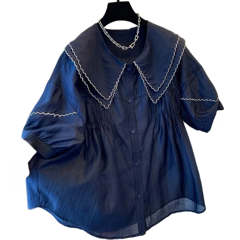 Double Peter Pan Collar Korean Loose Women tops Shirts Lantern Sleeve Shirts Summer Casual Blouse Girls New 2025