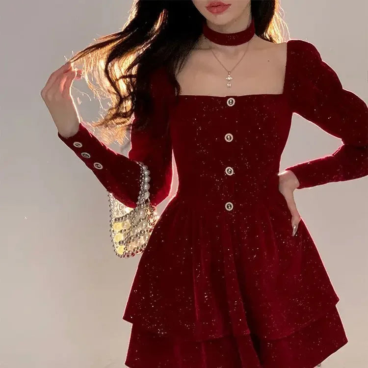 Women's Slim Fit A-line Velvet Dress, Christmas Clothes, Square Collar, Long-sleeved, Red, Sweet, Hot Girl, Autumn Winter