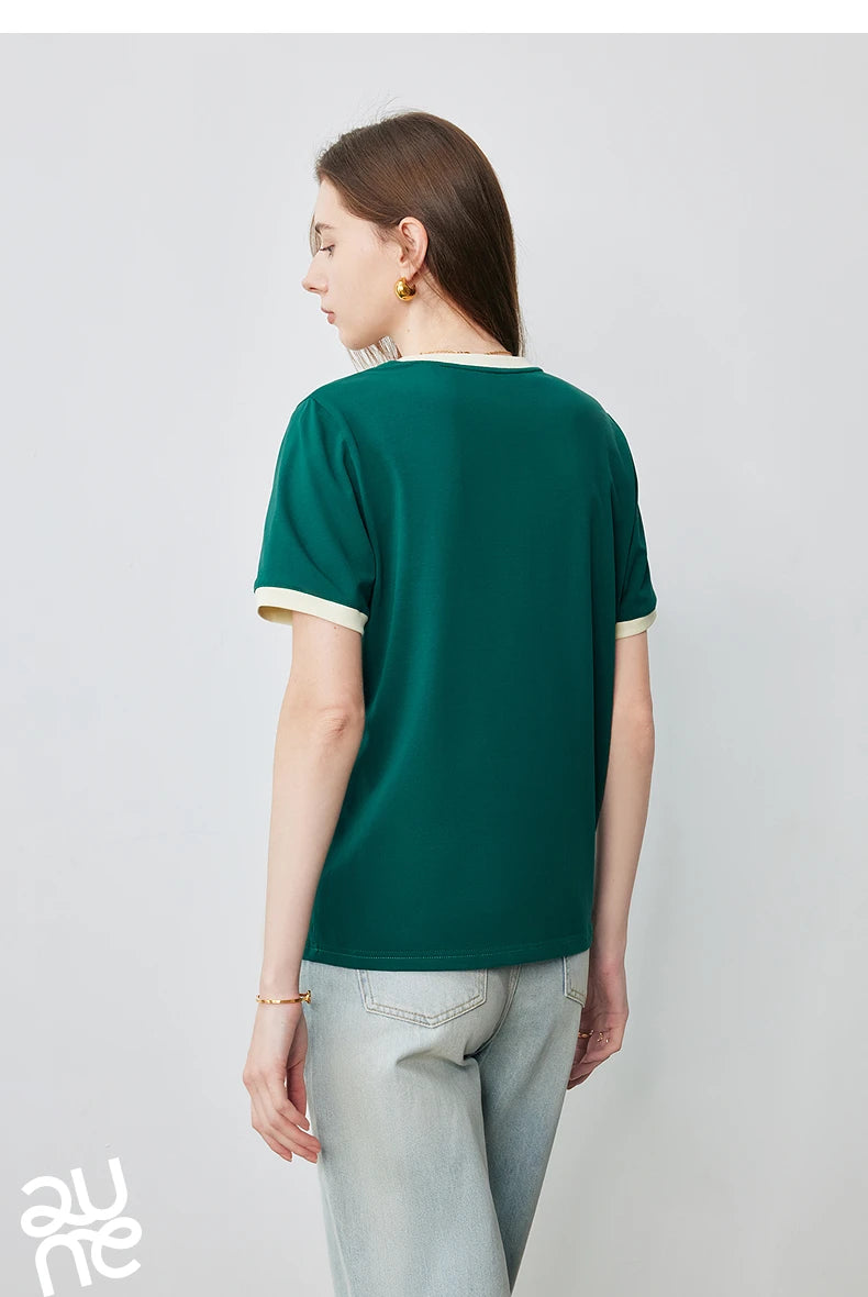 TOYOUTH Women Short Sleeve T shirt 2025 Summer New Color Blocked Letter American Style Antibacterial Cotton Tops GT5210004