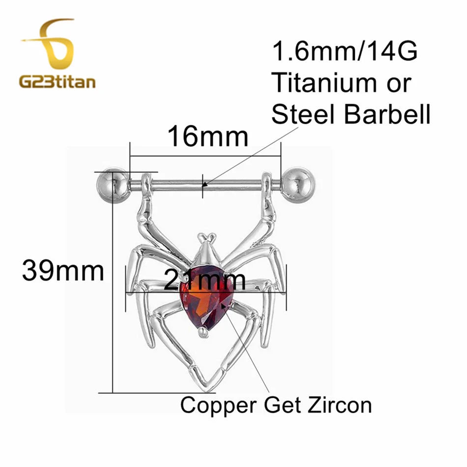 14G 16mm Length Straight Shield Barbell 2pcs Spider Red Crystal Zircons Nipple Rings Body Piercings Ombligo Sexy Breast Jewelry