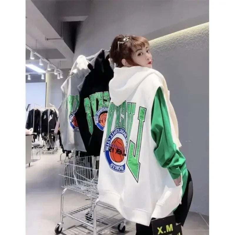 Oversized Hooded Sweatshirt Vest Female Hip Hop Streetwear Sleeveless Jacket 2023 New Cardigan Outerwear Korean Fashion Casual