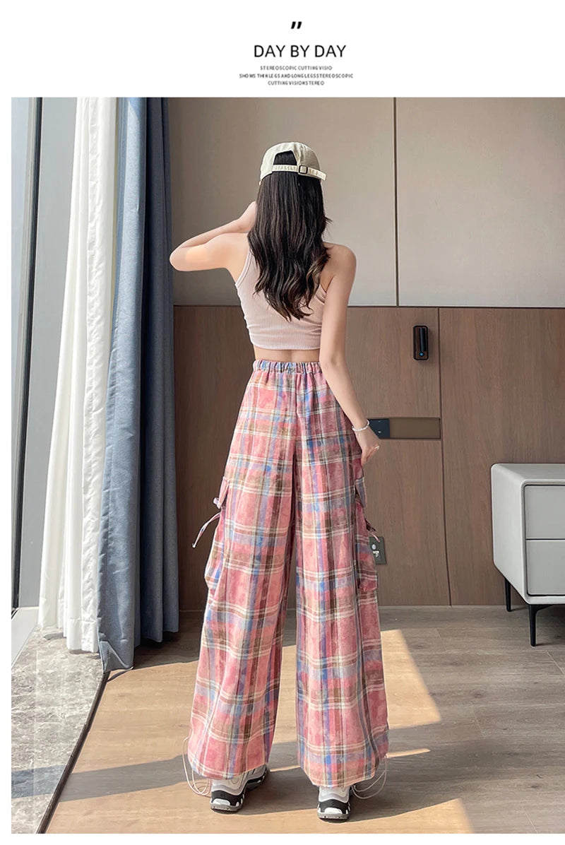 Zoki Women Streetwear Plaid Cargo Pant Vintage Loose High Waist Pockets Trousers Y2K American Casual Hip Hop Lace Up Bf Pants