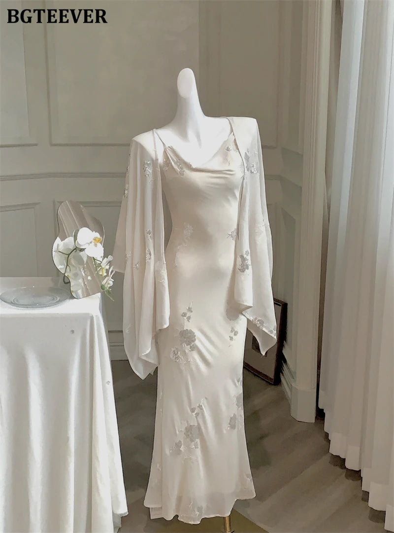 BGTEEVER Autumn Winte Slim OL Embroidery Set Long Sleeve Cardigans & Spaghetti Strap Package Hip Dress Ladies 2 Pieces Set