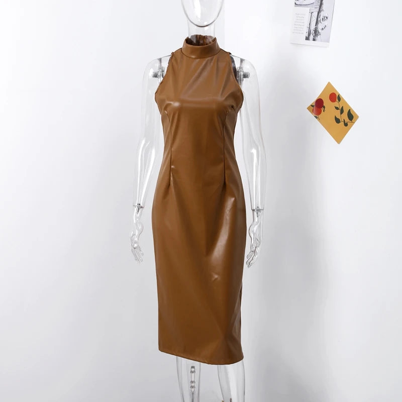 Vintage Midi Leather Dress Women Slim Turtleneck Sleeveless Hip Package Female Dresses 2025 Spring Lady Elegant Party Vestidos