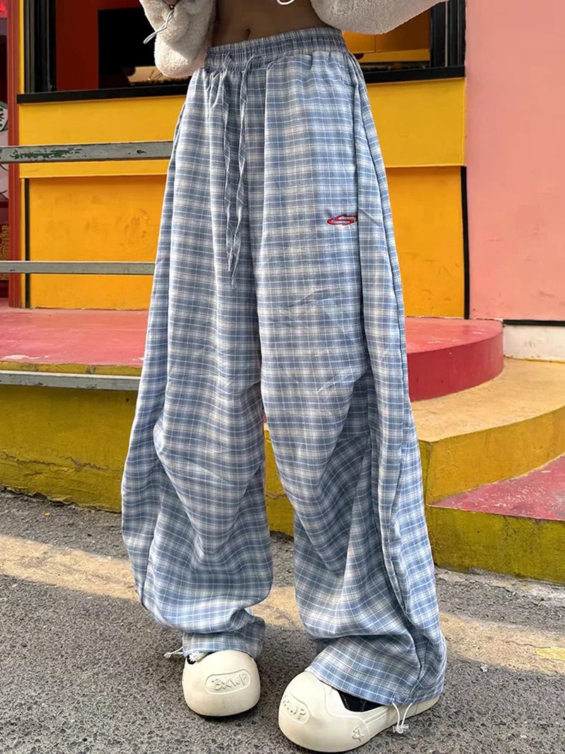 Zoki Streetwear Y2K Plaid Pants Women Vintage American High Waist Scimitar Pants Harajuku Oversize Loose Bf Casual Trousers New