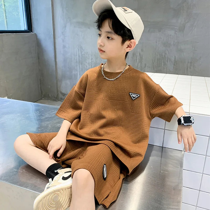 New Summer Boys Clothes Sets Teen Short Sweatshirt + Pants Children Clothing Solid Kids Boy Sport Suits 4 6 8 10 12 14 Years