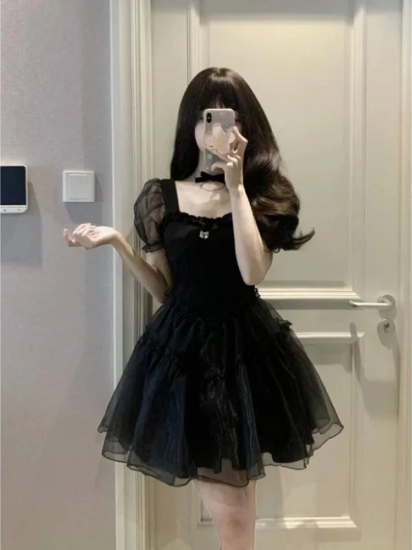 2023 Summer New Black Yarn Dress Fluffy Small Short Square Neck Spicy Girl Sweet Style Small Puff Sleeve Sexy Lovely Short FO30