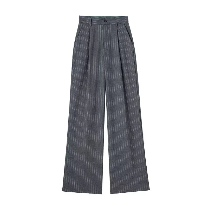 TRAF Women's Formal Pants Office Wear Women Striped Grey Black Pants Woman High Waist Baggy Suit Pants Casual Wide Leg Trousers