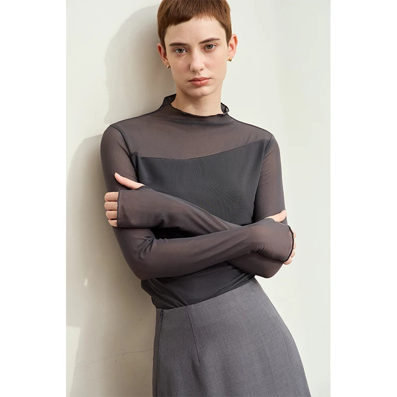 Amii Minimalism Mesh T-shirts For Women 2025 Spring New Office Lady Half-high Neck Micro Perspective Slim Retro Shirt 12423055