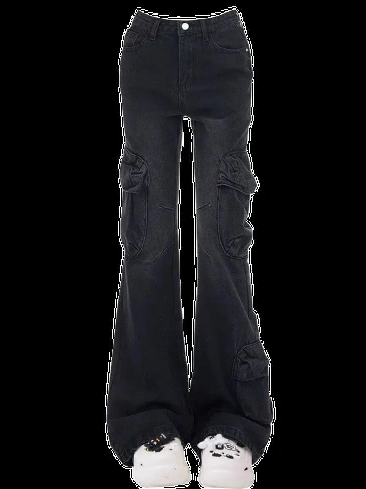 American Style Vintage Black Grey Micro Flared High Waisted Slimming Jeans For Women Trendy Niche Fashion Black Bell Bottom Trou