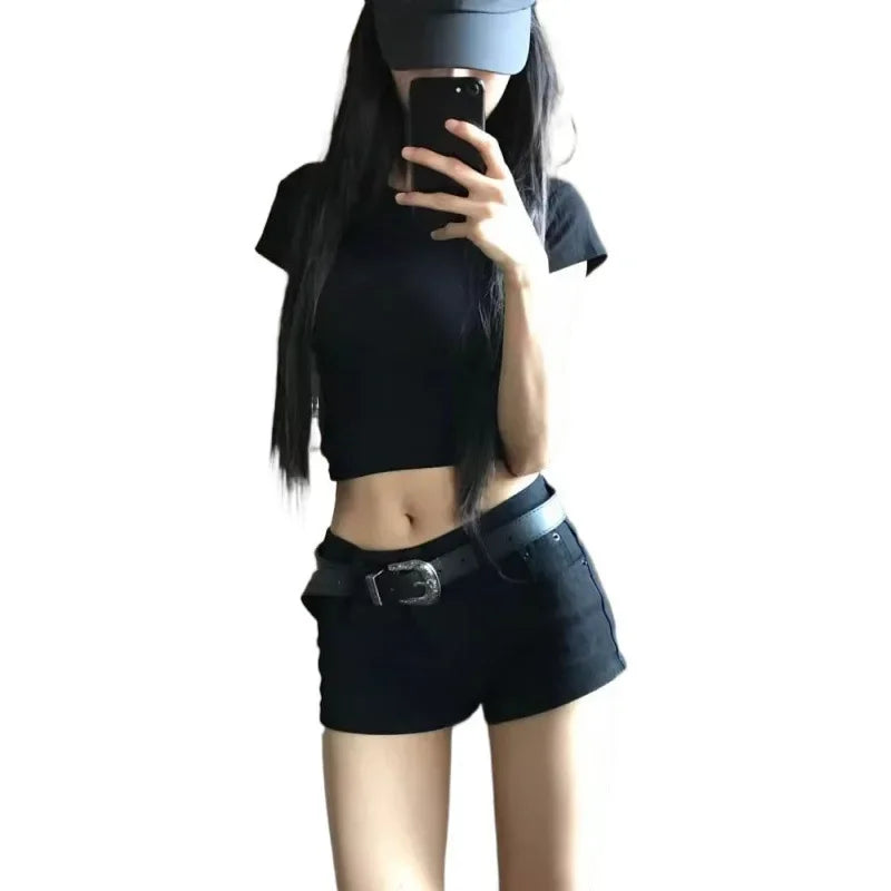 Black Low Waist Denim Super Short Tight Women's Summer Hot Pants American Spicy Girl Elastic Shorts Mini Length Slimming Trendy
