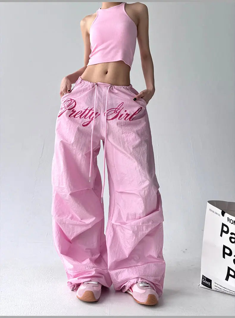 American retro black printed Spice Girls Street Dance Scimitar Pants Women's Loose Design Splicing Summer New Wide Leg Pants