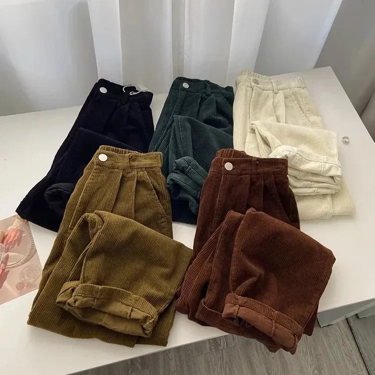 Vintage High Waist Corduroy Pants Women Spring Fall Straight Causal Full Length Trousers Korean Fashion Baggy All Match Pant New