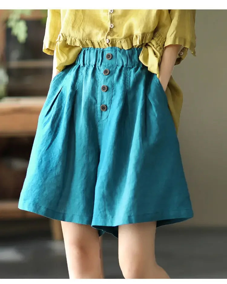 Vintageartistic High-waisted Slimming Cotton Linen Shorts For Women Casual Loose-fit Bell Bottoms 2024 New Style