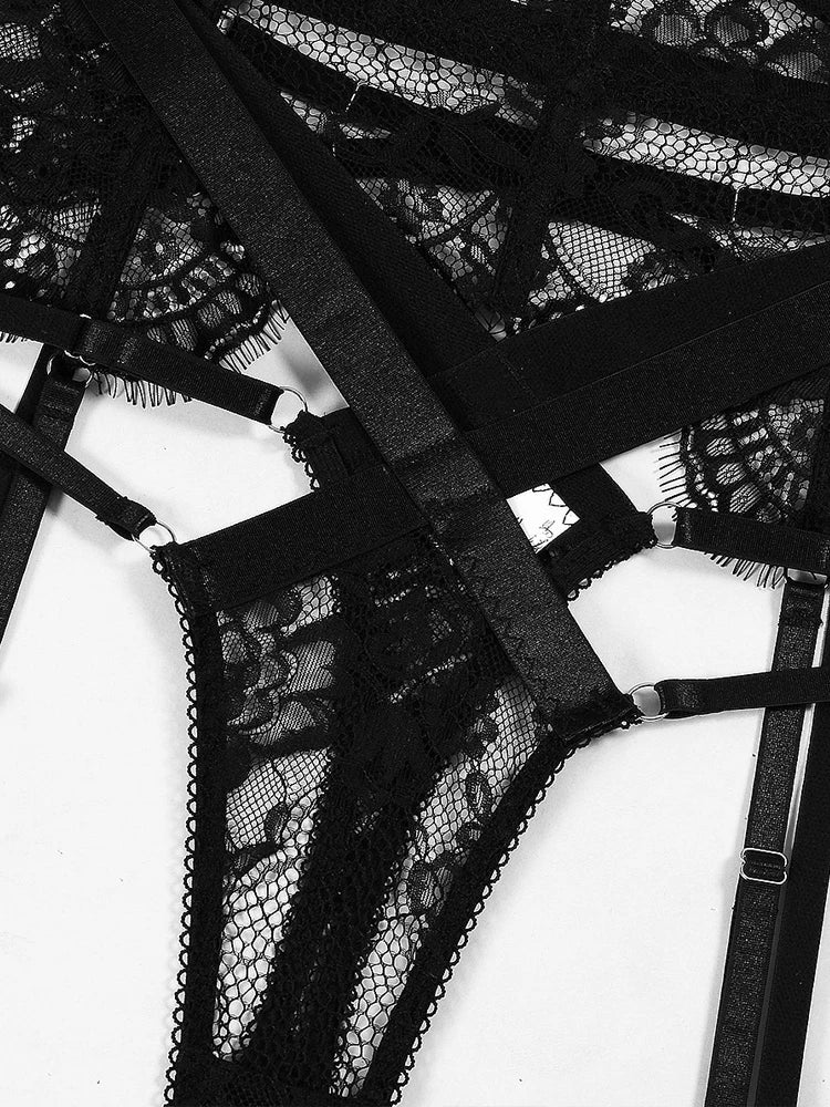 New lace pick-up body sculpting sex set perspective neck sexy underwear four-piece set lace bodysuit body suit sexy lingerie