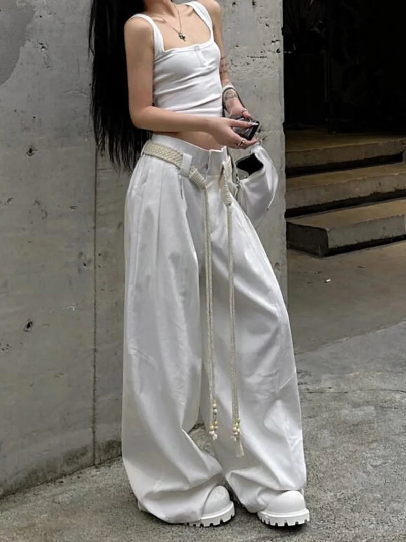 Y2K Casual Wide Leg Pants Women American High Street Fashion Sweatpants White Loose All Match Pleated Trousers Female New