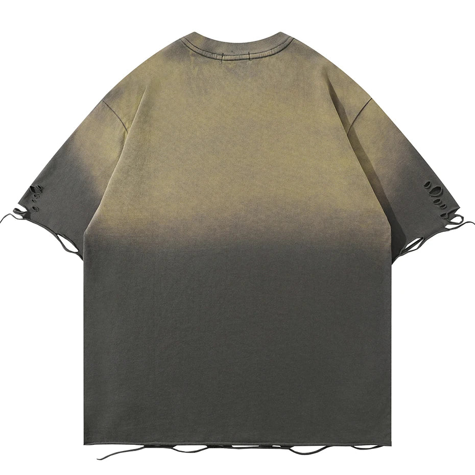 Distressed Ripped T Shirts Metal Star Tee Emrboidery Vintage Loose Tshirt 2025 Men Harajuku Streetwear Oversized Hip Hop T-shirt