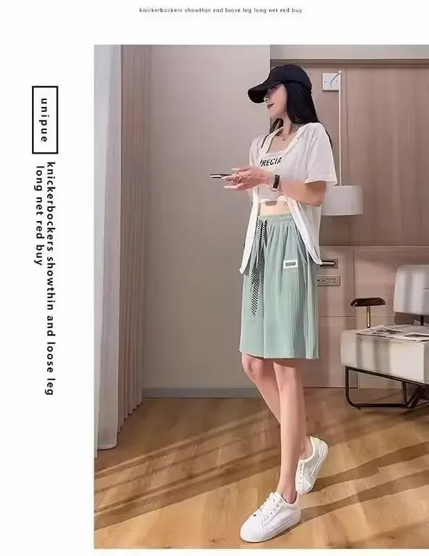 2024 Summer New Men's Women's Hong Kong Style Simple Basic Straight-Leg Casual Ice Silk Draped Shorts