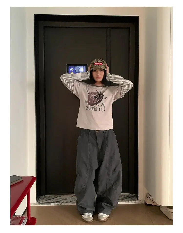 HOUZHOU Y2K Vintage Wash Women Cargo Jeans Harajuku Scimitar Wide Leg American Retro Denim Pants Baggy Trousers Gyaru Streetwear