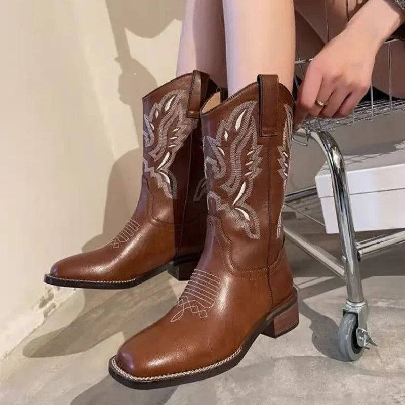 Fall Women Mid-calf Boots 2025 Vintage Leather-covered Brown Western Cowboy Boots Embroidered Chunky Heel Thigh-high Knight Boot