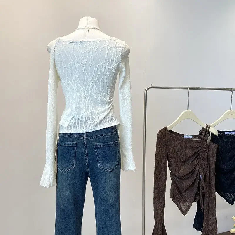 Elegant Shoulder Bared Bell Sleeve One Shoulder Women's Short Top Korean Style Gentle T Shirt for Autumn Fashion Ladies' Wear