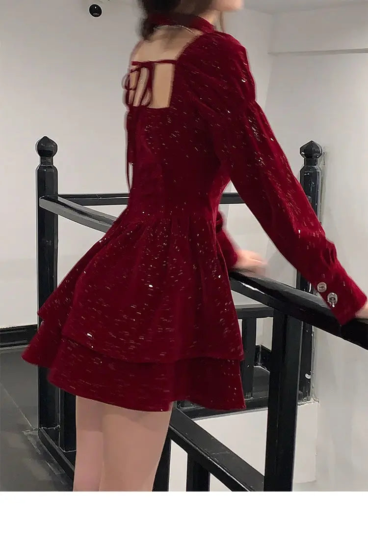 Women's Slim Fit A-line Velvet Dress, Christmas Clothes, Square Collar, Long-sleeved, Red, Sweet, Hot Girl, Autumn Winter