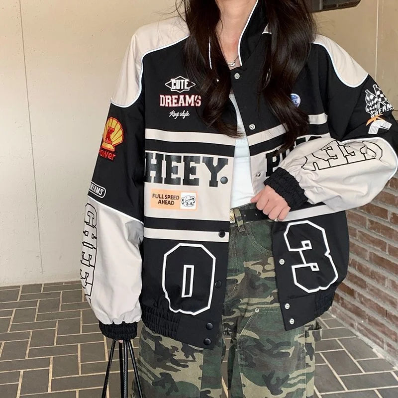 2023 Y2k Red White Bomber F1 Jacket Women Men Biker Racer Jacket Retro Hip Hop Grunge Clothes Trend Oversize Windbreaker Varsity