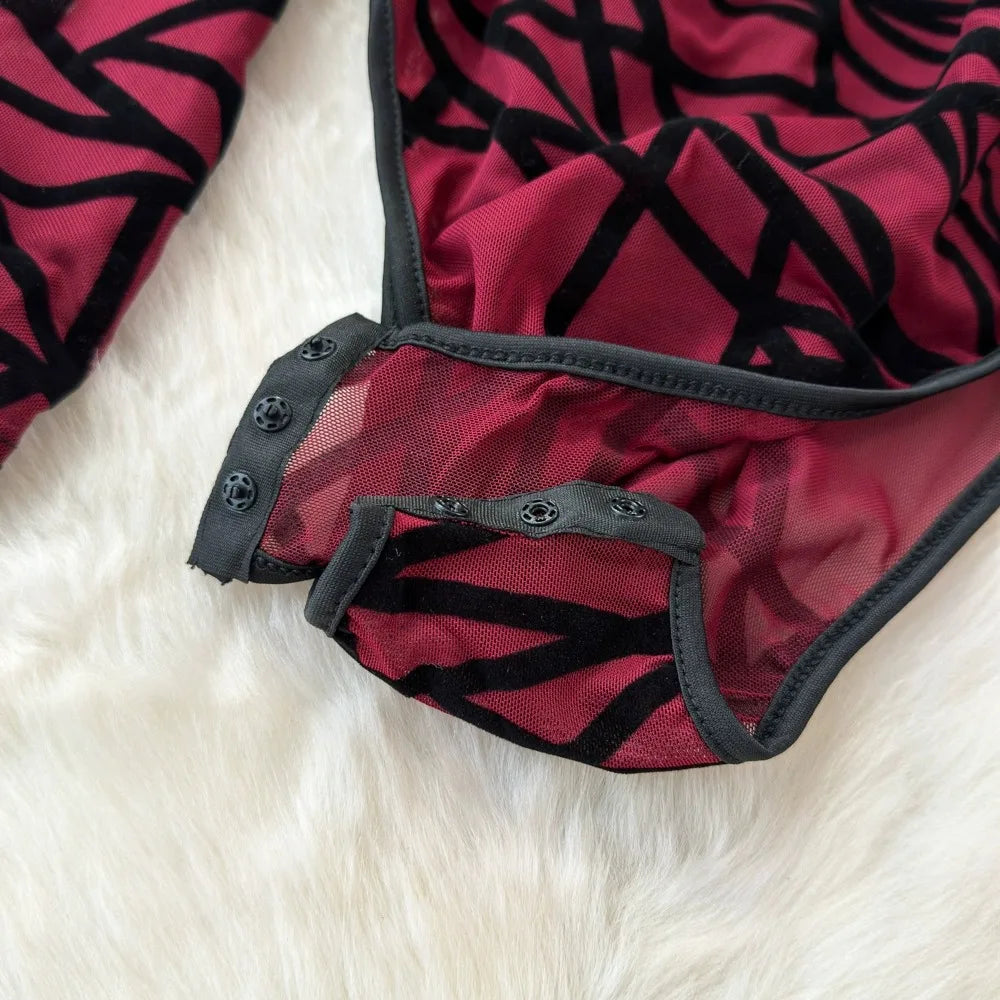 Foamlina Sexy Hollow Out Mesh Bodysuits for Women Fashion Striped Print Stand Collar Long Sleeve Slim Fit Club Party Jumpsuits