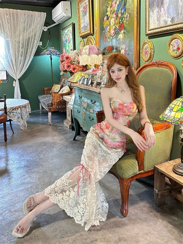 Summer Women Two Piece Set Floral Corset Top and Lace Midi Skirt Elegant Mesh Outfit Slim Fit Vintage French Style Beach Suit