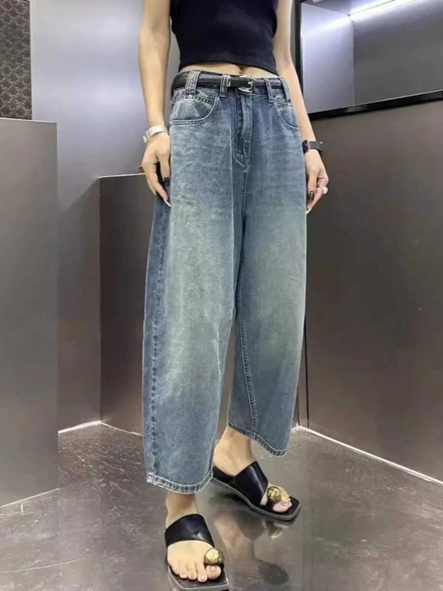 Loose Dad Jeans Women's Spring Summer New Sle Wide Leg Nine Points Harlan plus Size Slimming Trousers High Waist Denim