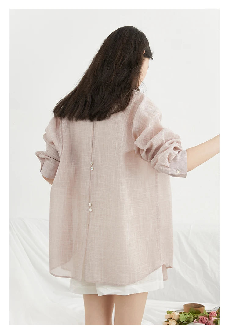 CHIC VEN New Women Shirt Retro Loose Casual Single Breasted Long Sleeve Back Slit Thin Transparent Female Blouses Summer 2025