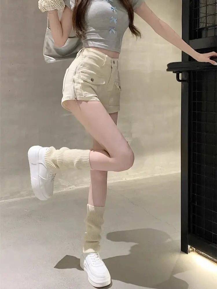 Sexy Hottie Slim Denim Shorts Women Summer Simplicity Office Lady Solid Color Cargo Fashion High Waist Appear Thin Wide Leg