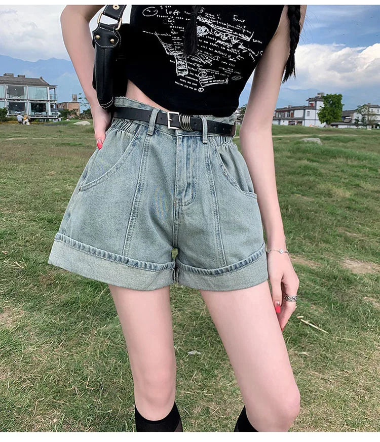 Women's Wine Red Denim Shorts High Waist Wide Shorts Harajuku Streetwear Korean Style Y2k Casual Blue A Line Jean Shorts Summer