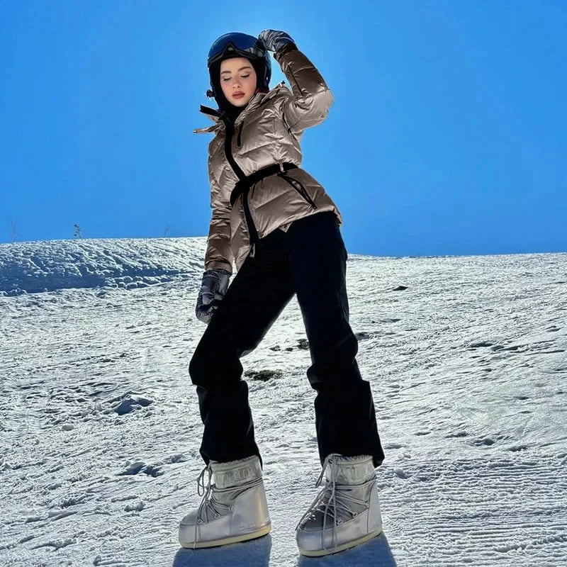 Fashion Hooded Padded Coats With Belt Women Slim Stand Collar Full Sleeve Pocket Coat Winter Lady Thicken Warm Skiing Jacket