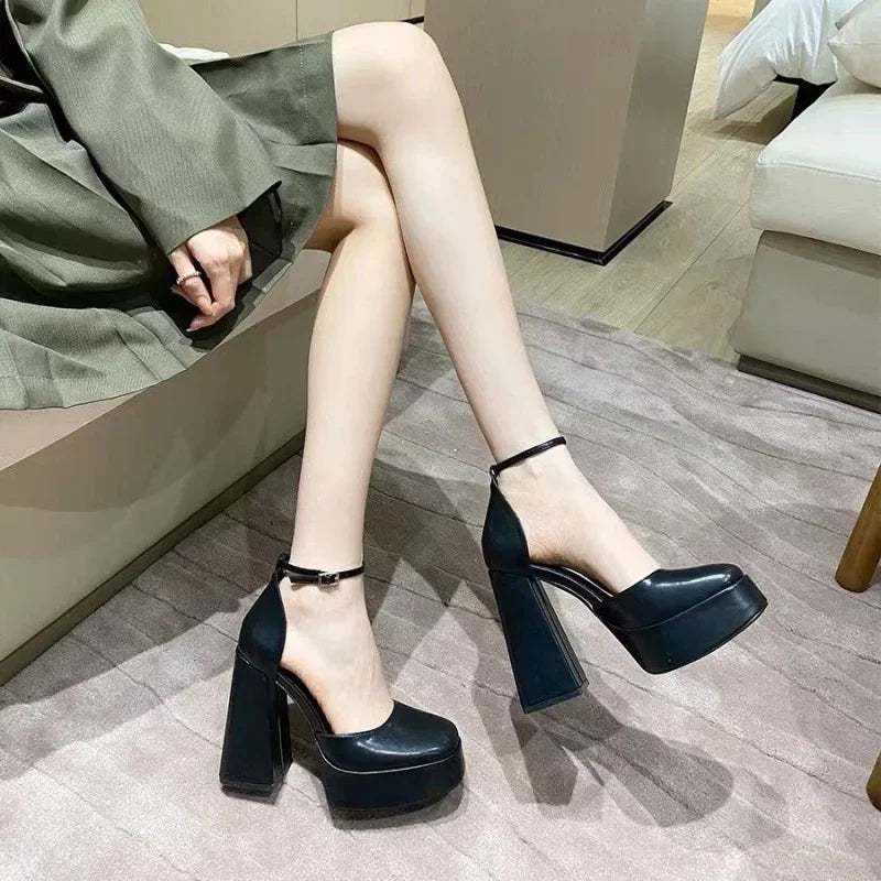 Barbie Style Women's Sandals with Buckle Waterproof Platform Fairy Tale Thick Heel High Heels Square Head French Style Shoes