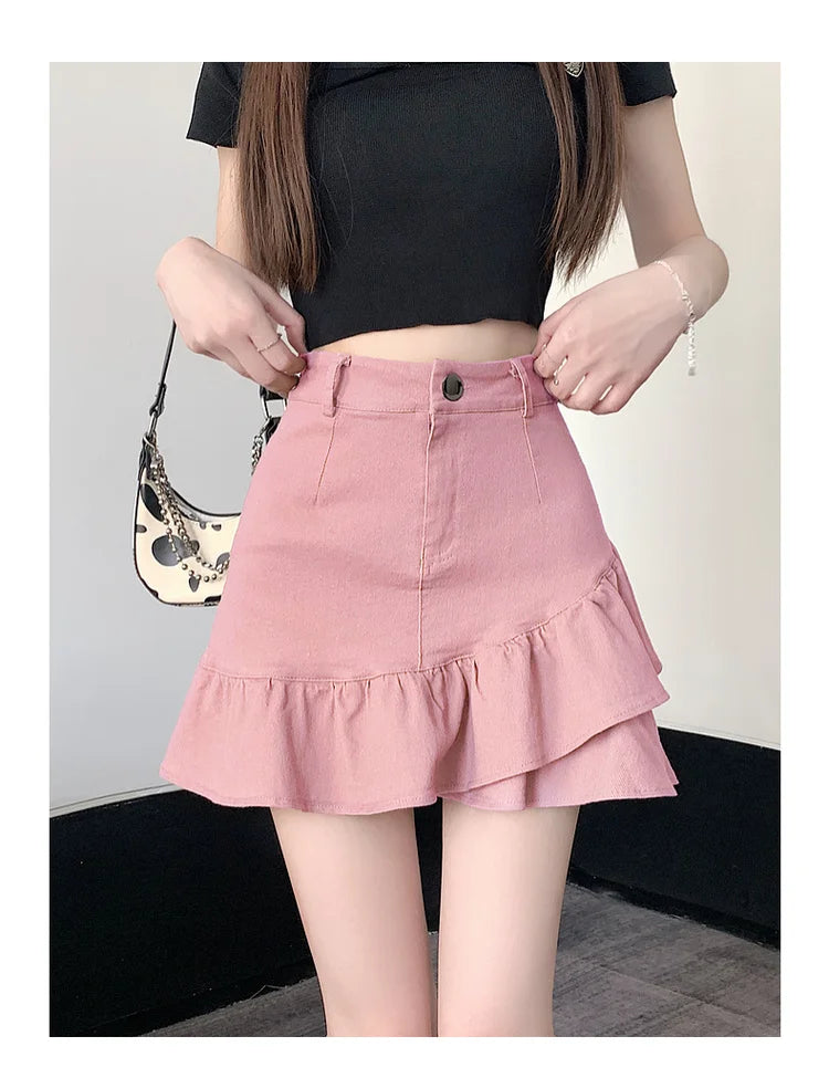 High Waist A-Line  Skirt Women's Spring Summer Denim f-length Skirts with Lace Hemline Cotton Polyester Blend