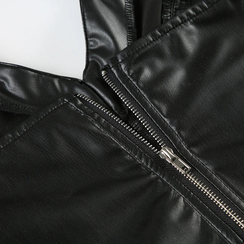 Hot Sexy Gyaru Slim Fit Leather Short Tops Women Halter Up Turn Down Collar Fashion Trendy Backless Design Tanks