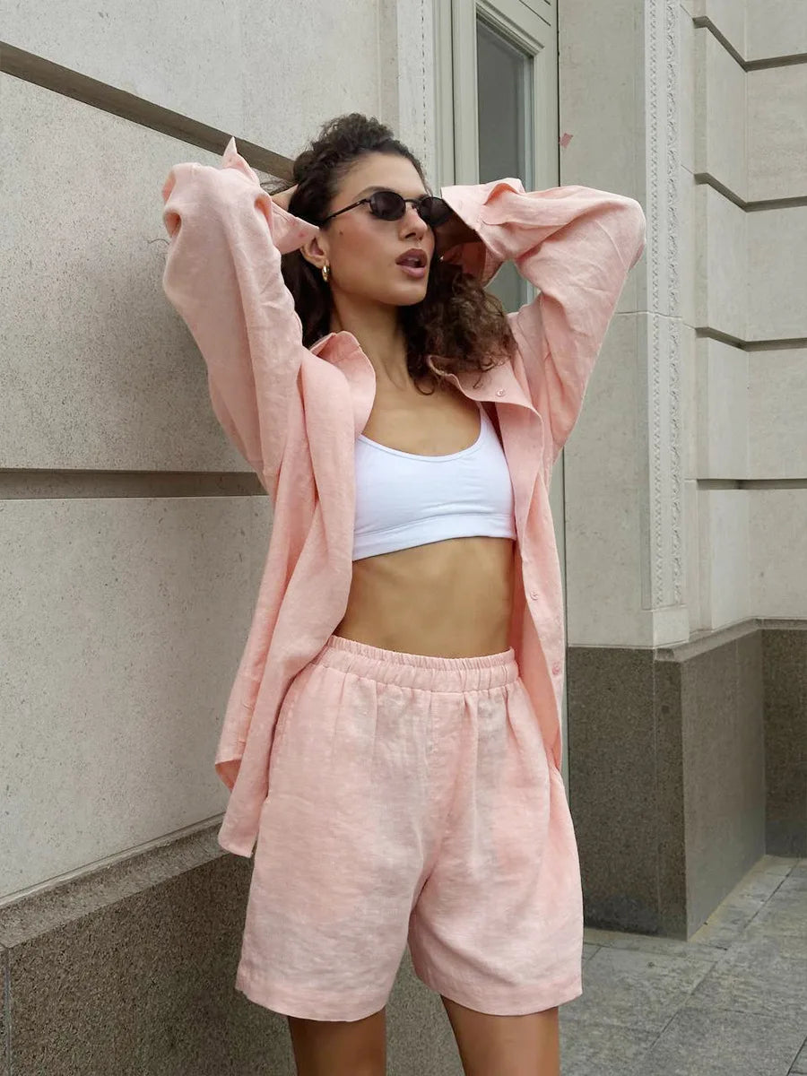 Bornladies Cotton Casual Pants Sets Women's Solid Color Cozy Lapel Long Sleeve Shirt Summer Outfit Elastic Waist Pants Suits