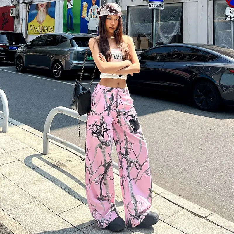 Gothic Women High Street Jeans Y2K Clothing Harajuku Hip-hop Street Retro Pink Loose Jeans High Waist Slim Fit Wide Leg Pants