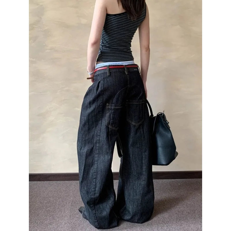 American Retro Primary Color Scimitar Jeans Women's Summer New High Street Design Loose and Thin Wide Leg Floor Pants