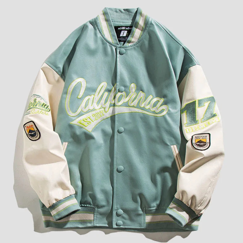 American retro letter embroidery leather Jacket Coat women's Y2K street hip-hop trend baseball suit couple casual leather jacket