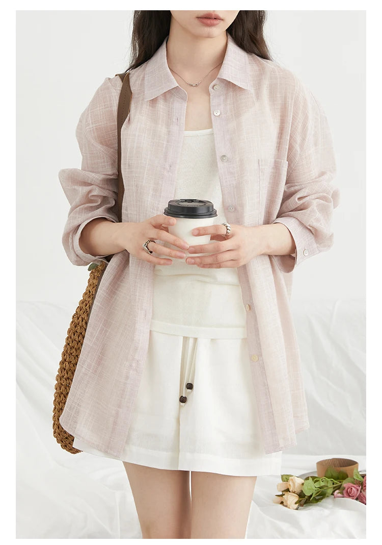 CHIC VEN New Women Shirt Retro Loose Casual Single Breasted Long Sleeve Back Slit Thin Transparent Female Blouses Summer 2025