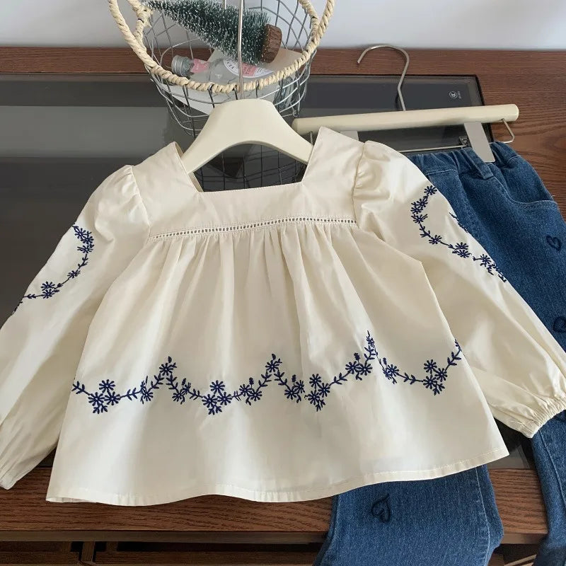 2025 Spring Girls Fashion Clothes Set 2-7 Y Children's Embroidered Square Collar Blouse and Heart Jeans 2Pcs Suit Kids Outfit