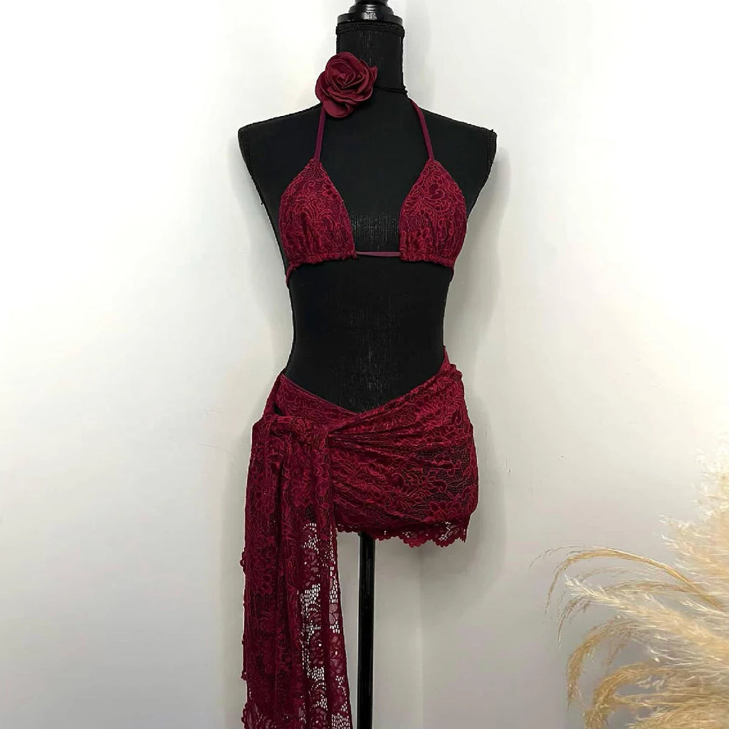 3Packs Flower Bikini With Beach Skirt Lace Up Swimsuit Women Sexy Swimwear Female Crochet Dress Bathing Suits Sarongs Biquini