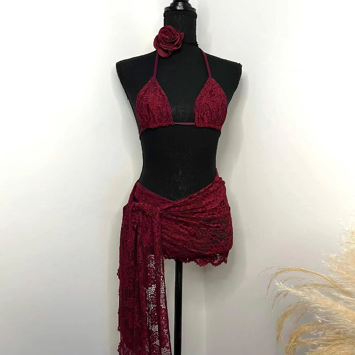 3Packs Flower Bikini With Beach Skirt Lace Up Swimsuit Women Sexy Swimwear Female Crochet Dress Bathing Suits Sarongs Biquini