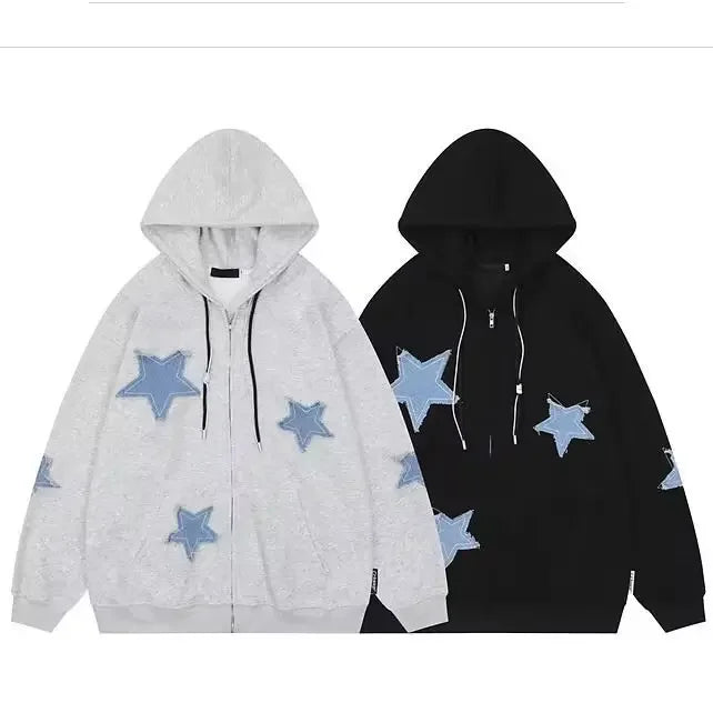 Vintage Star Print Hooded Sweatshirt Unisex Loose Fit Fashion Jacket For Men Women Ideal For Couples