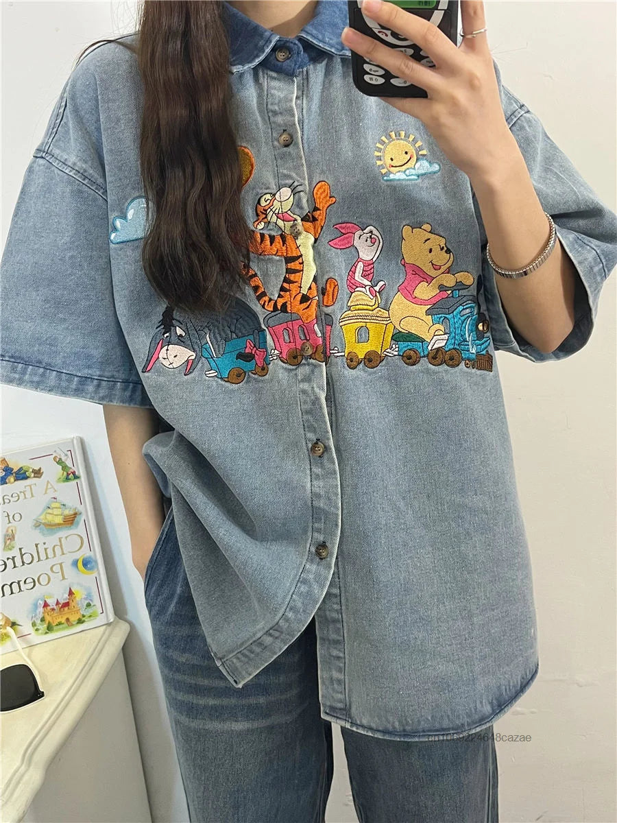 Disney Winnie The Pooh Antique Style Niche Childlike Fun Embroidery Denim Shirt Womem's Summer Loose Shirt Casual Versatile Top