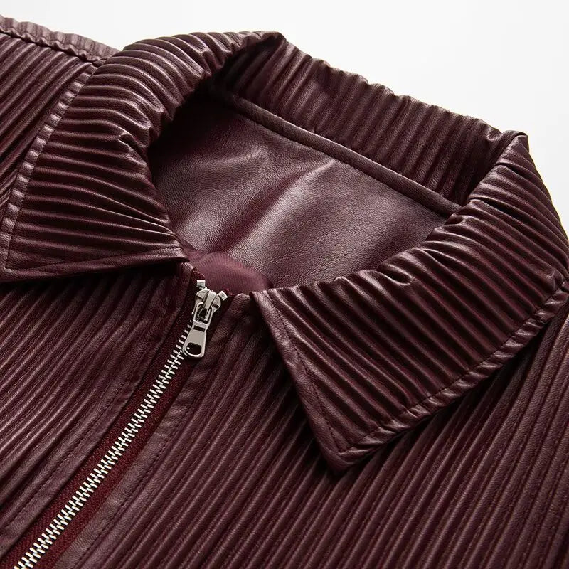 Faux Leather Jackets Women's Coat Wine Red Outwear Solid Long Sleeve Tops inszart 2025 With Zipper Streetwear Fashion Woman Coat